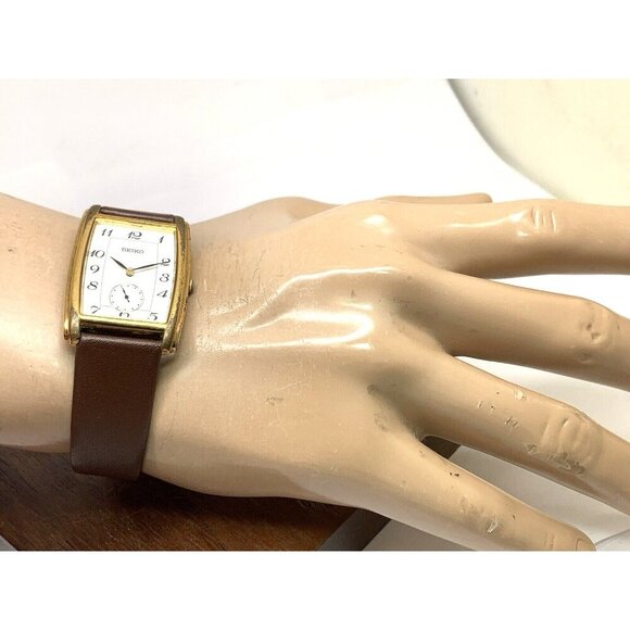 Seiko Men's Watch 7N07-5019 Tank Vintage Quartz White Dial Gold Brown Leather - Picture 4 of 13